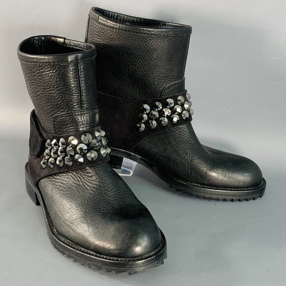 PEDRO GARCIA Size 7 Black Studded Swarovski Crystals Pull On Ankle Biker Boots - Picture 1 of 9